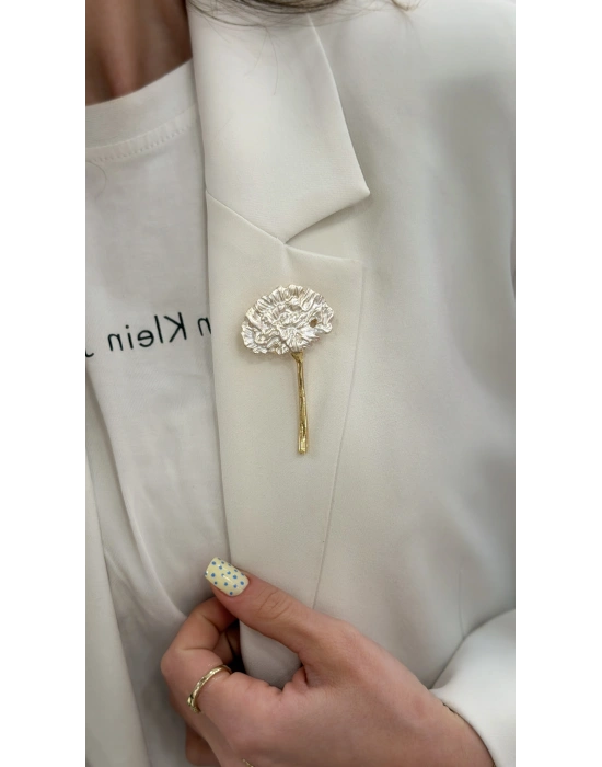 Beyaz Sedef Detay Çiçek Broş
