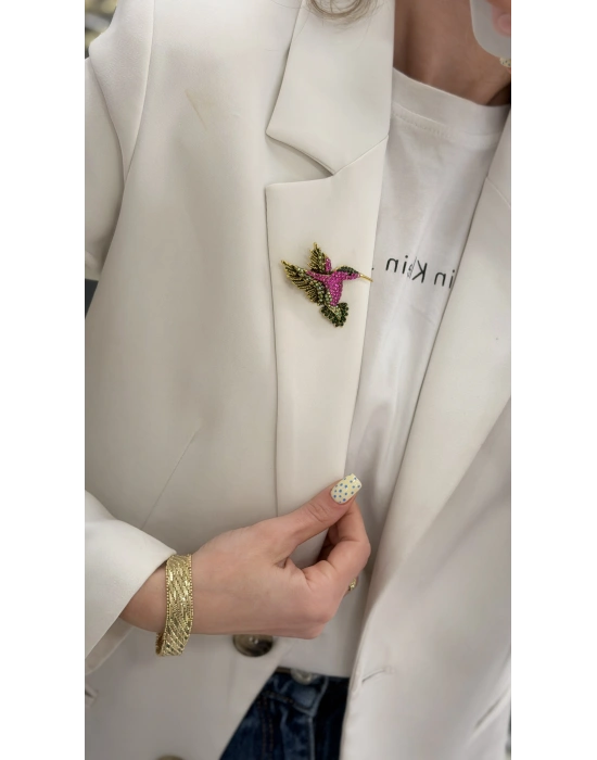 Kuş Figür Fuşya Taş İşleme Detay Broş