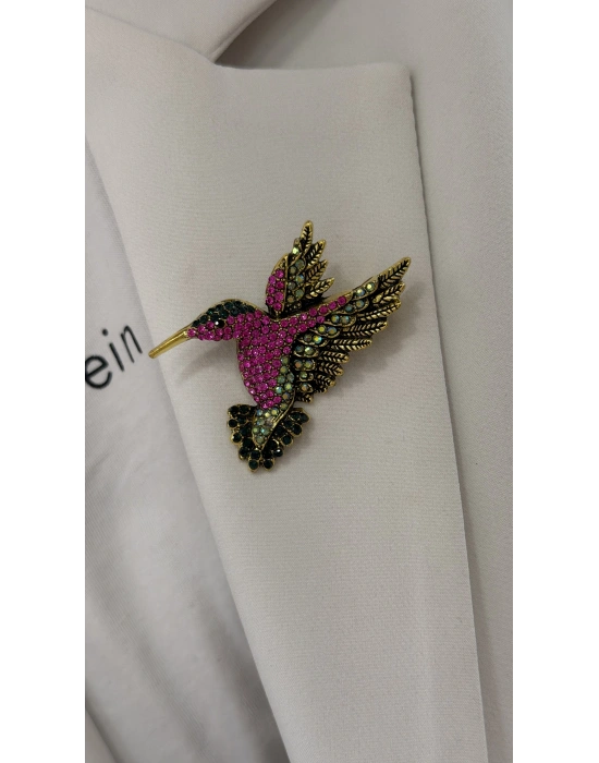 Kuş Figür Fuşya Taş İşleme Detay Broş