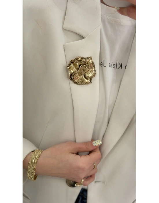 Taş Detay Gold Çiçek Broş