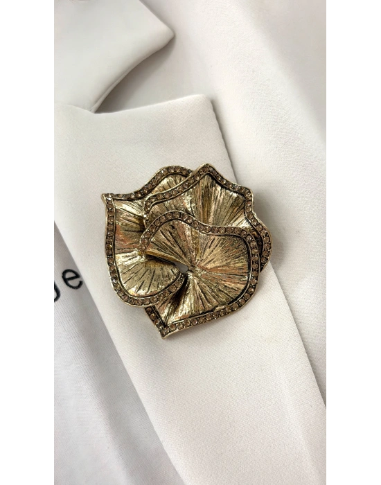 Taş Detay Gold Çiçek Broş