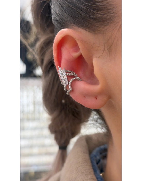 Baget Taş Detay Yaprak Figür Kıkırdak Küpe Gümüş