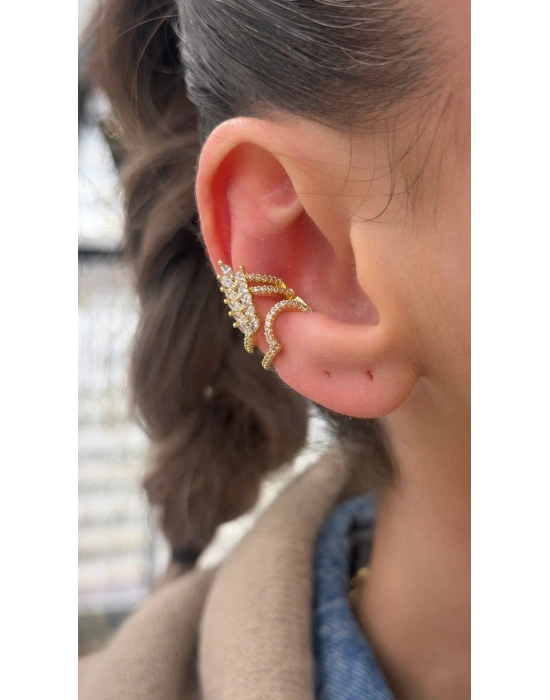 Baget Taş Detay Yaprak Figür Kıkırdak Küpe Gold