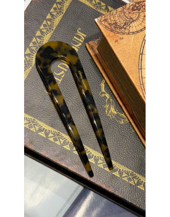 France Handmade Kemik Düz Topuz Tokası Leopar Desen