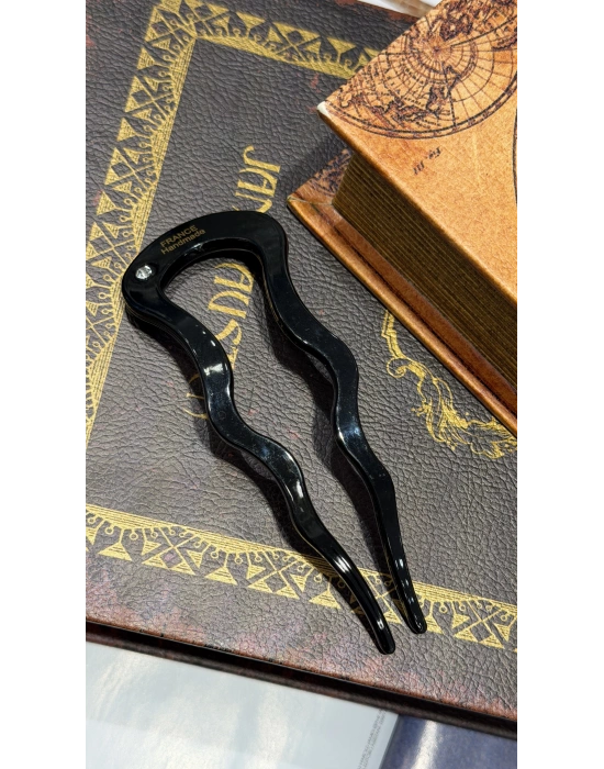 France Handmade Kemik Zigzag Topuz Tokası Siyah