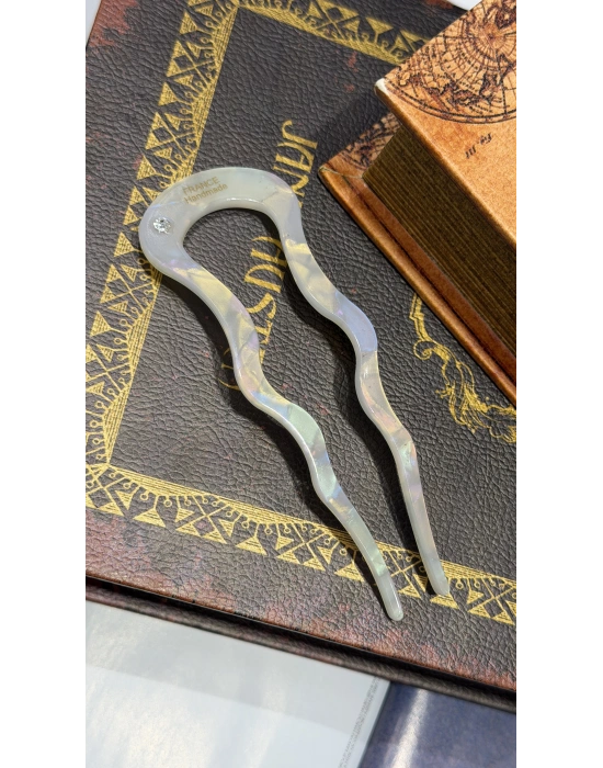France Handmade Kemik Zigzag Topuz Tokası Beyaz Sedef