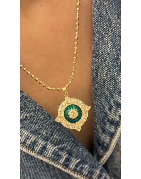 Yuvarlak Figür Yeşil Cam Mineli Top Zincir Kolye Gold (40 cm)