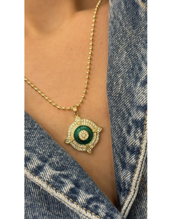 Yuvarlak Figür Yeşil Cam Mineli Top Zincir Kolye Gold (40 cm)