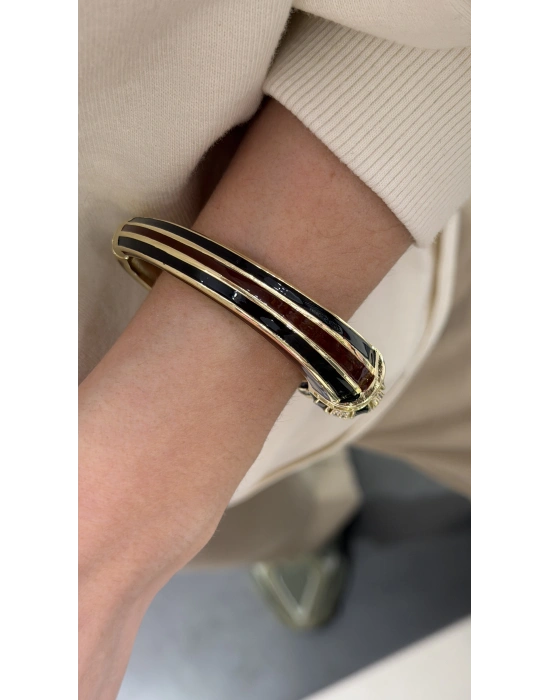 Siyah-Bordo Mineli Taş İşlemeli Kalın Kelepçe