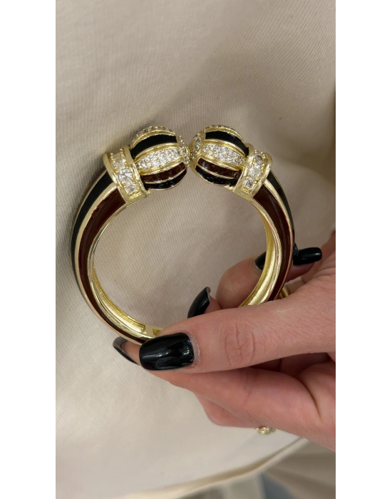 Siyah-Bordo Mineli Taş İşlemeli Kalın Kelepçe