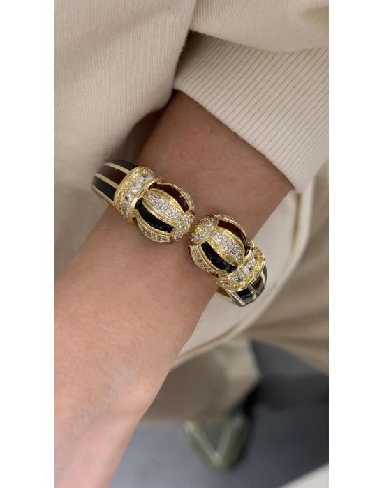 Siyah-Bordo Mineli Taş İşlemeli Kalın Kelepçe