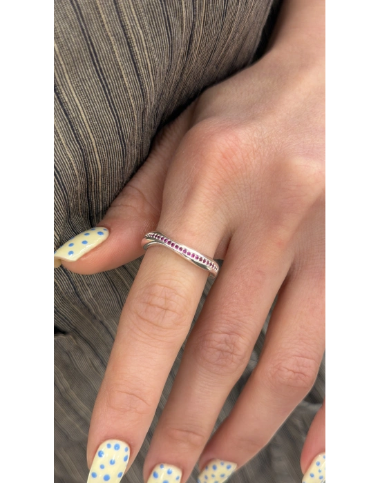 Gümüş Sıralı Pembe Taş Ayarlanabilir Yüzük