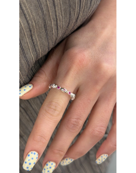 Gümüş Bombeli Pembe Taş Detay Ayarlanabilir Yüzük