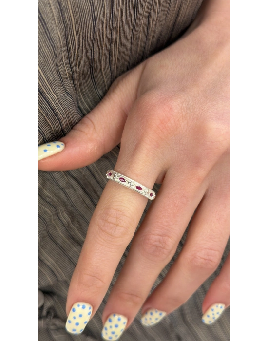 Gümüş Gömmeli Pembe Taş Detay Ayarlanabilir Yüzük