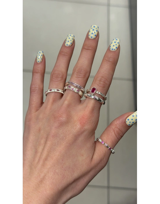 Gümüş Eskitme Model Pembe Taş Ayarlanabilir Yüzük