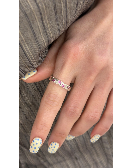 Gümüş Eskitme Model Pembe Taş Ayarlanabilir Yüzük