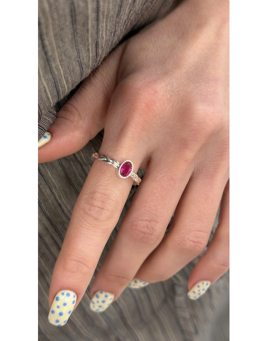 Gümüş Pembe Tek Taş Ayarlanabilir Yüzük