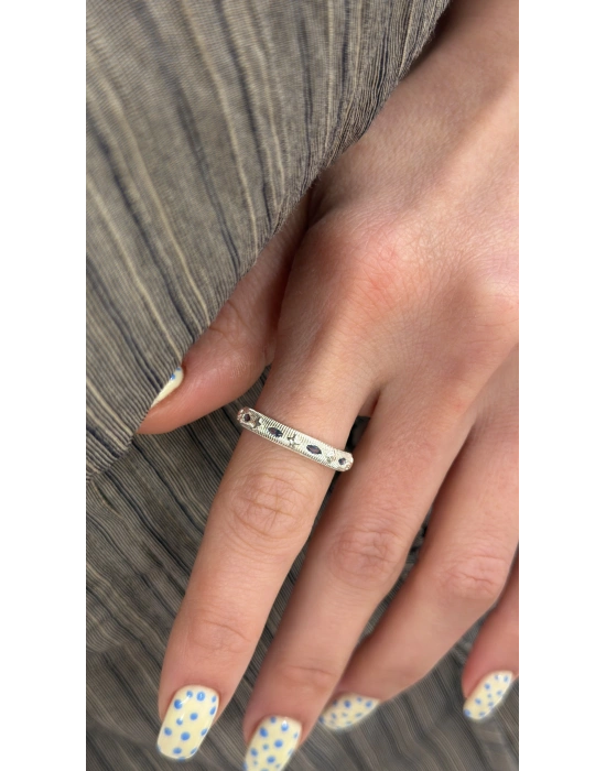 Gümüş Gömmeli Mavi Taş Detay Ayarlanabilir Yüzük