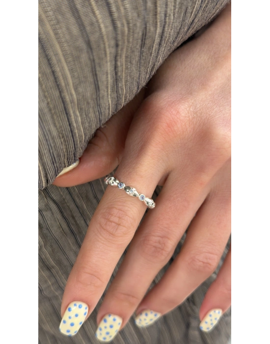 Gümüş Bombeli Mavi Taş Detay Ayarlanabilir Yüzük