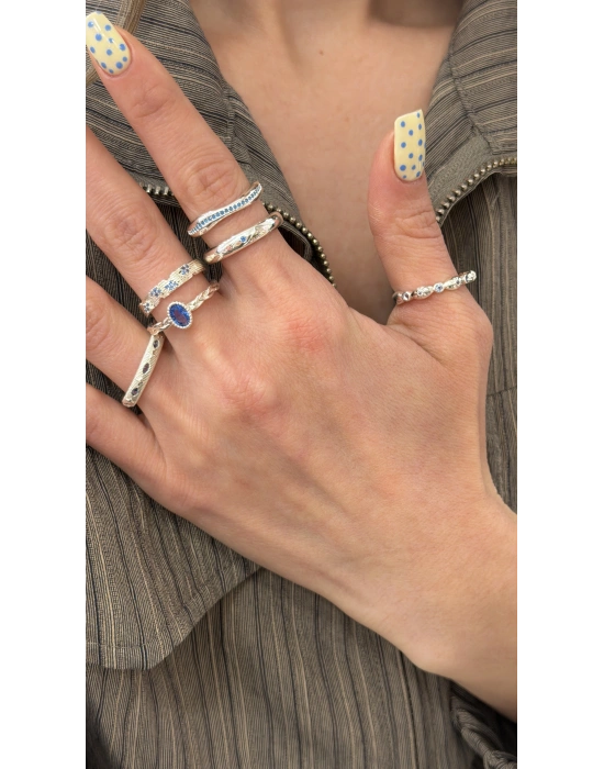 Gümüş Bombeli Mavi Taş Detay Ayarlanabilir Yüzük