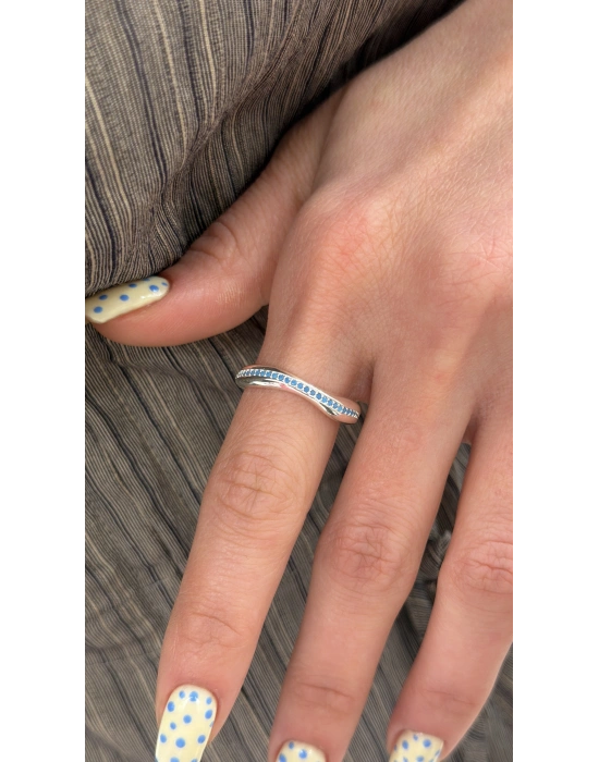 Gümüş Sıralı Mavi Taş Ayarlanabilir Yüzük