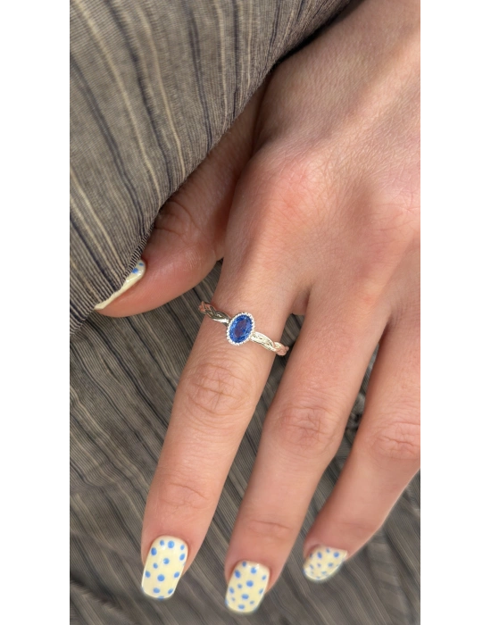 Gümüş Mavi Tek Taş Ayarlanabilir Yüzük