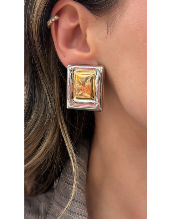 Kare Plaka İki Renk Büyük Küpe