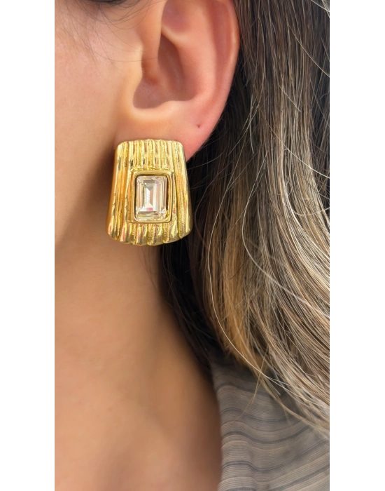 Kare Taşlı Büyük Metal Küpe