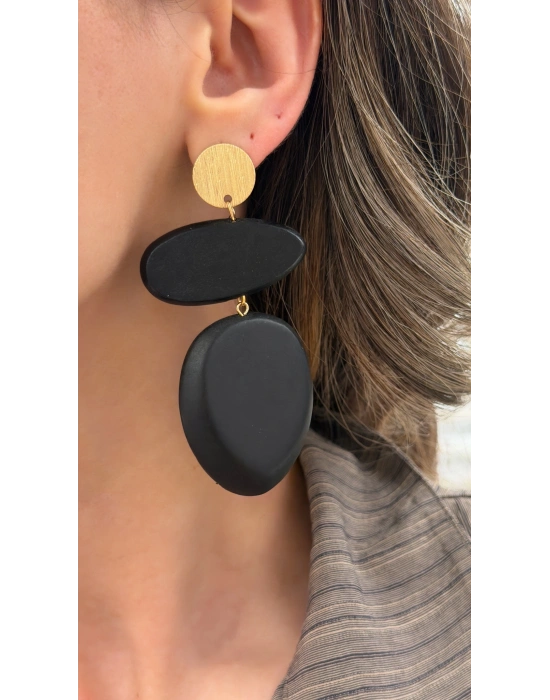 Zara Model Siyah Tahta Sallantılı Büyük Küpe