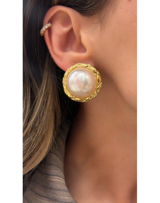 Büyük İnci Küpe Gold Kenar Detay