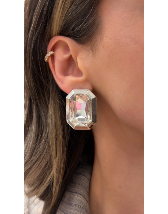 Sekizgen Büyük Taş Küpe Gümüş