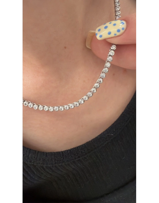 Gümüş Yuvarlak Taş Su Yolu Kolye(41 cm)