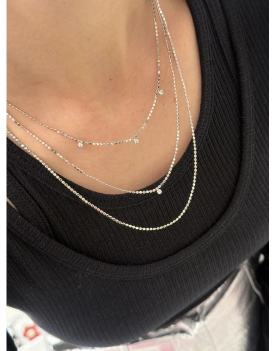 Ezme Zincir Küçük Taş Detay 3’lü Kolye Gümüş (39-44-49cm)