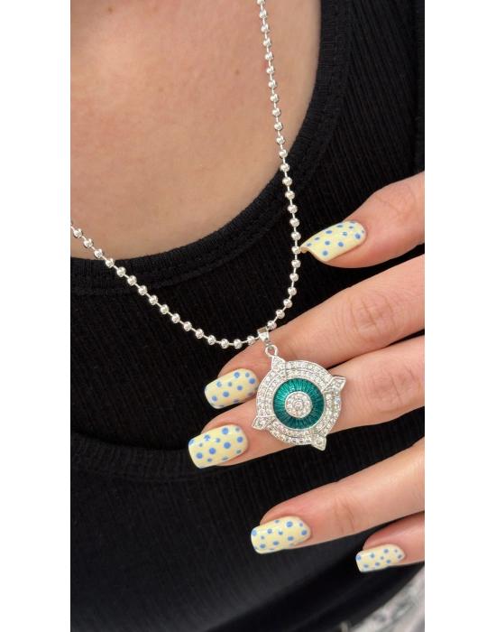 Yuvarlak Figür Yeşil Cam Mineli Top Zincir Kolye Gümüş (40 cm)