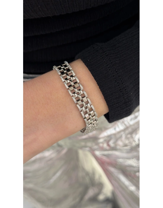 İki Yanı Taş İşleme Detay Gümüş Örme Bileklik(20 cm)