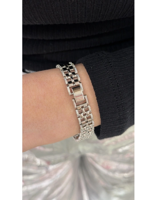 İki Yanı Taş İşleme Detay Gümüş Örme Bileklik(20 cm)