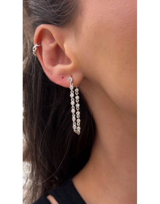 Yuvarlak Taş Sallantılı Uzun Gümüş Küpe