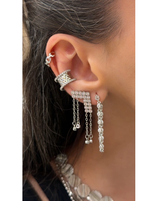 Yuvarlak Taş Sallantılı Uzun Gümüş Küpe