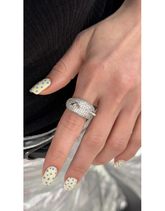 Boynuzlu Zirkon Taş Gümüş Renk Yüzük