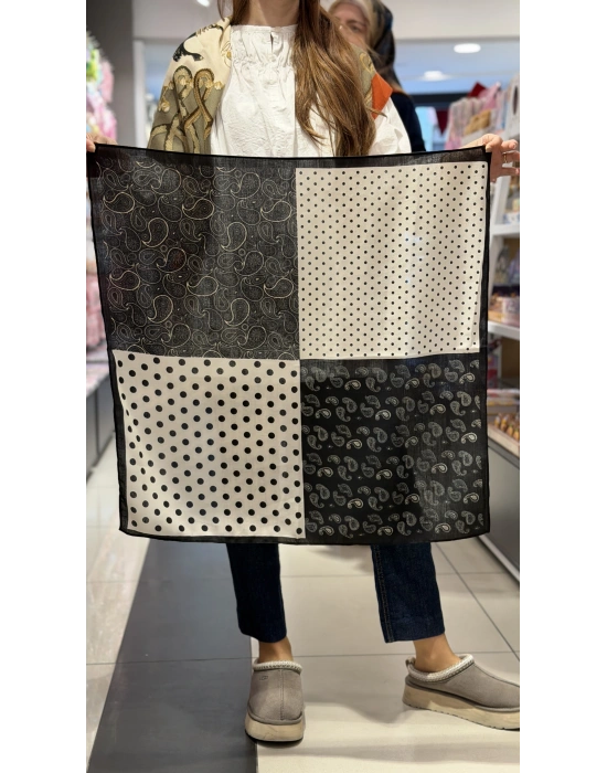 Büyük Puantiye-Damla Desen Siyah-Beyaz Fular(70x70)