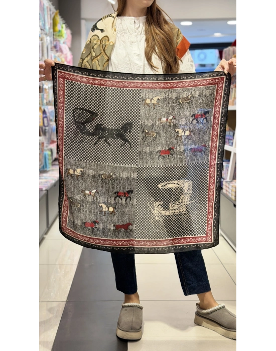 Pötikare At Desen Siyah Fular(70x70)