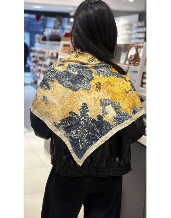 Lacivert-Hardal-Krem Ağaç Desen Fular 90x90