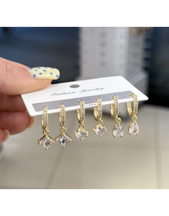 Kare Taş , Damla Taş , Yuvarlak Taş 6lı Set Küpe Gold