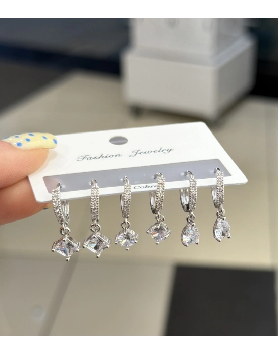 Kare Taş , Damla Taş , Yuvarlak Taş 6lı Set Küpe Gümüş