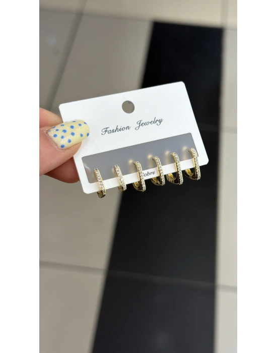 Kare 3 Boy 6lı Set Küpe Gold