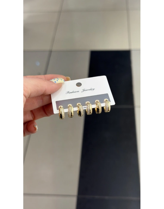 Taş Detay 6lı Set Küpe Gold