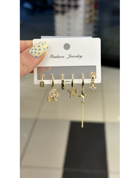 Kelebek Figür 6lı Set Küpe Gold