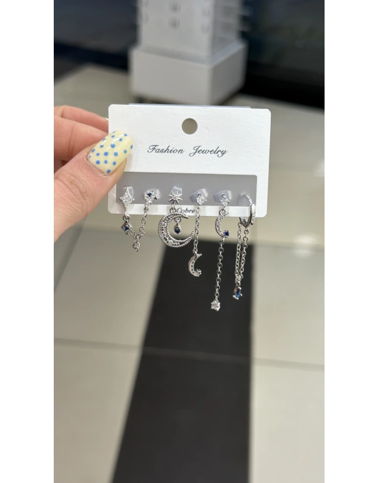 Ay Yıldız Mavi Taş Detay 6lı Set Küpe Gümüş