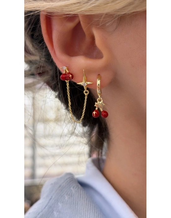 Kirazlı 6lı Set Küpe Gold