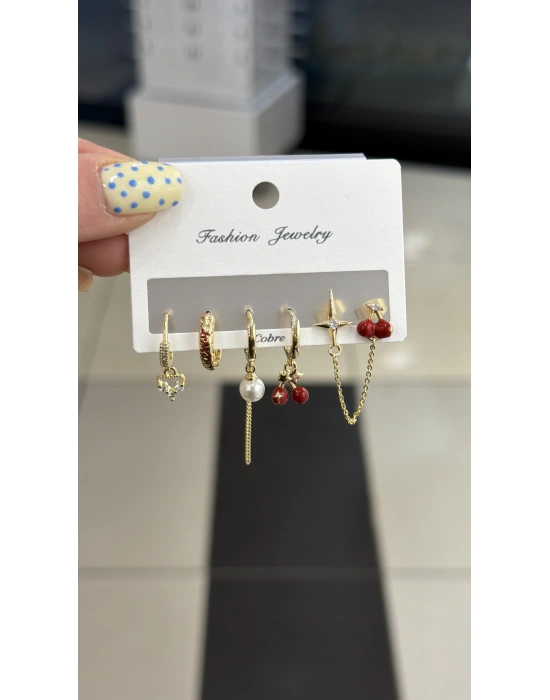 Kirazlı 6lı Set Küpe Gold